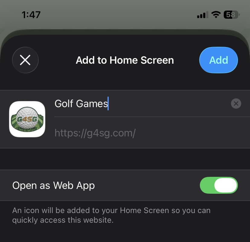 Add to Home Screen dialog with the Add button in the top corner
